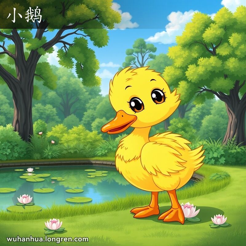 一只可爱的小鹅站在公园池塘边，好奇地四处张望，背景是宁静的公园景色