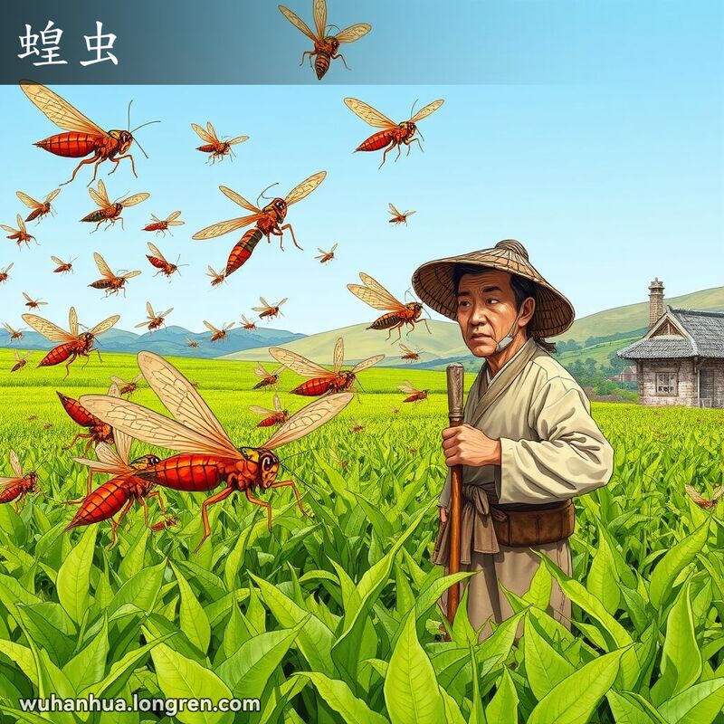 武汉农田中，蝗虫啃食作物，农民担忧地站在一旁，背景是农舍和山丘