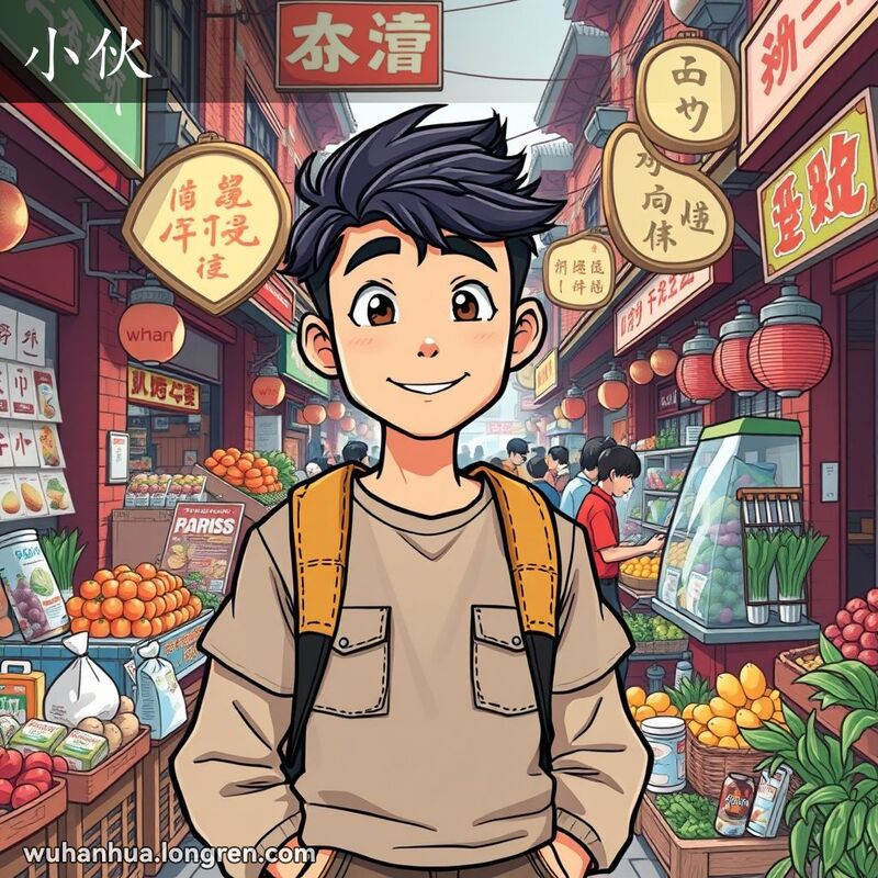 一位年轻男子站在武汉街头市场中，表情自信且乐于助人，背景是热闹的武汉街头市场