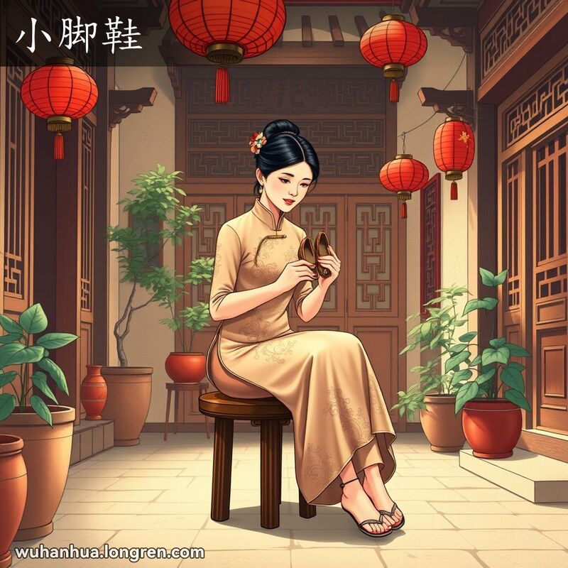 一位传统中国妇女坐在庭院中，脚穿缠足小鞋，手拿一双尖头小鞋，背景是中国庭院景