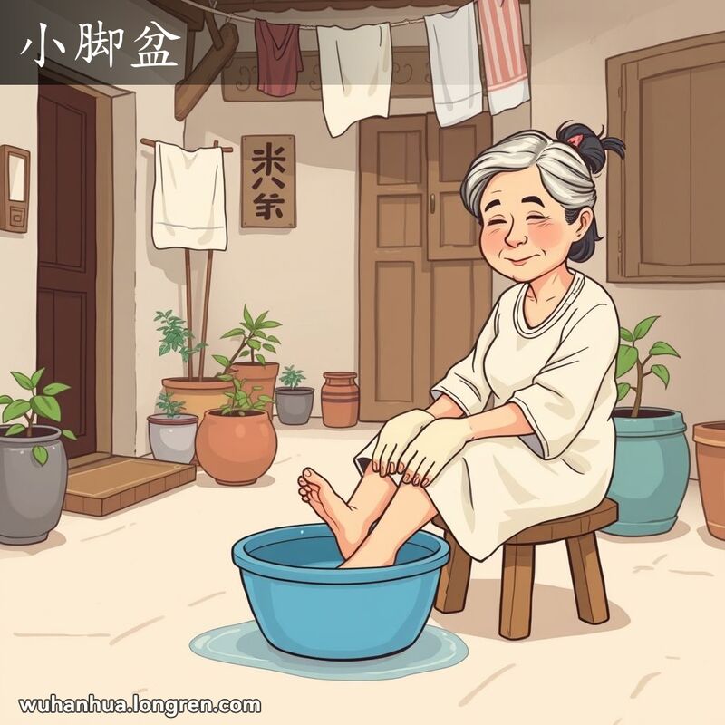 一位中年妇女在武汉老院子里用小脚盆洗脚，背景有盆栽和晾晒的衣物