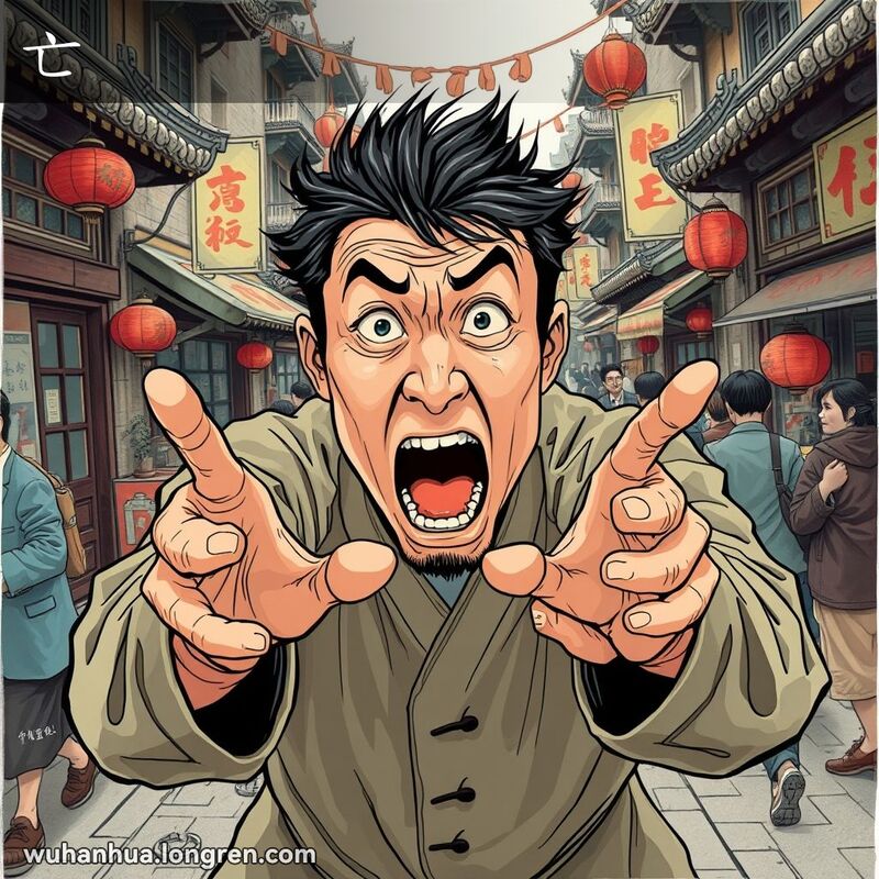 一位男子在武汉老街上急切地伸手，脸上露出极度急切和绝望的表情，背景是繁忙的老街景象。