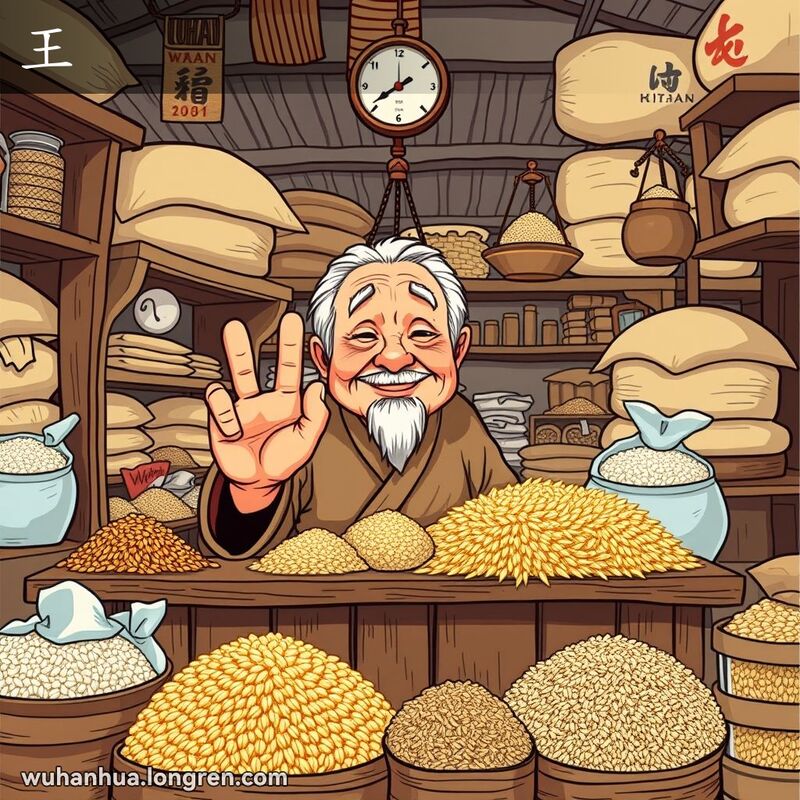 一位年长的店主在传统武汉市场柜台后竖起六根手指，背景有粮食袋和旧木架子。