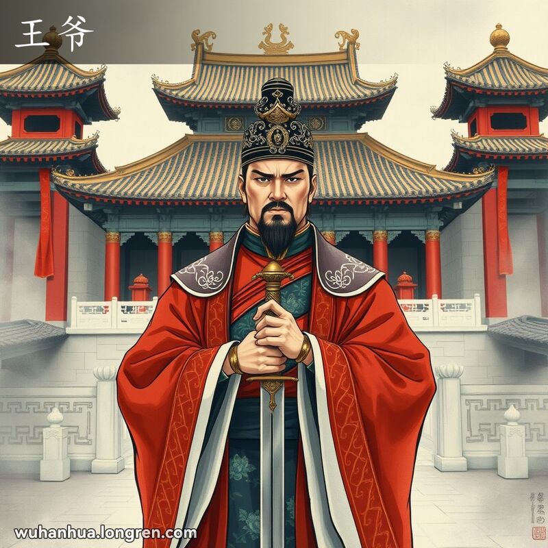一位身穿传统中国皇家服饰的威严人物，站在古老宫殿前，手持仪式用剑，表情严肃而威严，背景是宏伟的宫殿。