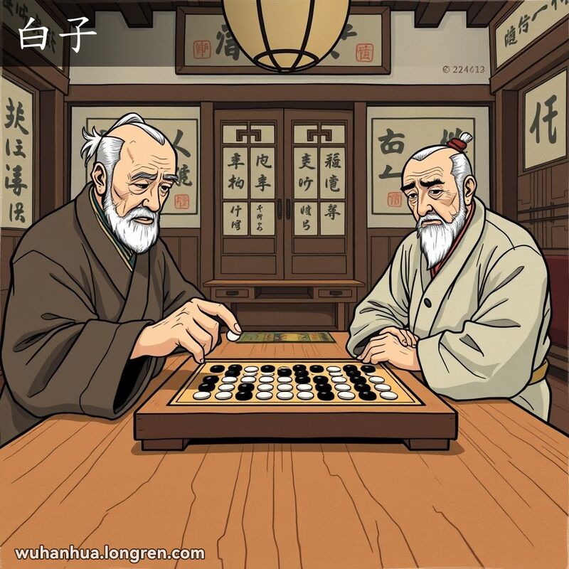 两位老人在传统中式房间内下围棋，一位手持白色围棋子，背景有中国书法和绘画装饰