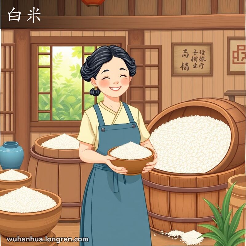 一位中年妇女在传统厨房中，手持一碗洁白的大米，背景是绿意盎然的花园