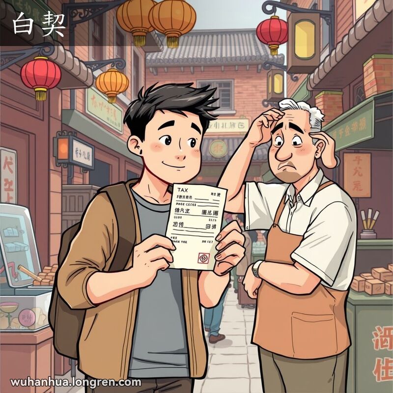 一位武汉男子在街市上向摊贩展示未加盖官印的税契，摊贩露出困惑的表情，背景是武汉老街景
