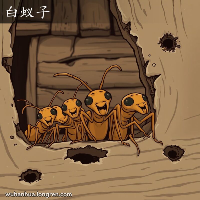 一群白蚁在木质结构中肆虐，背景是破旧的木屋，展示白蚁的破坏力
