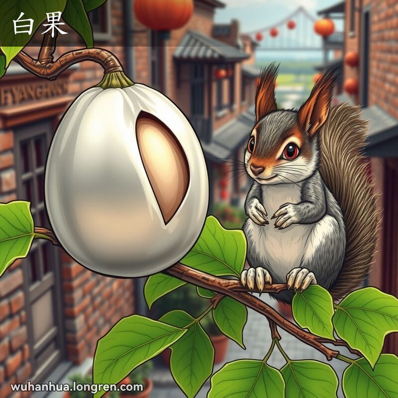 银杏果实外壳呈椭圆形，部分打开露出果仁，背景是武汉传统街景和长江