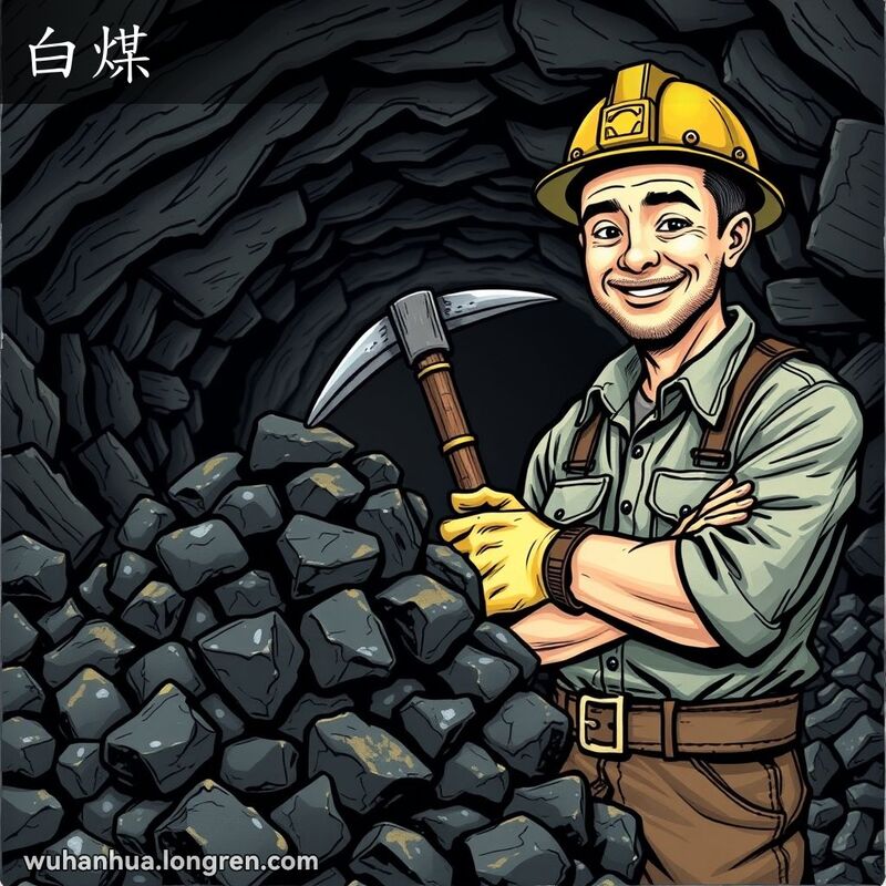 一位矿工站在煤矿中，手持镐头，身旁是一堆闪亮的黑色无烟煤，背景是昏暗的矿井隧道