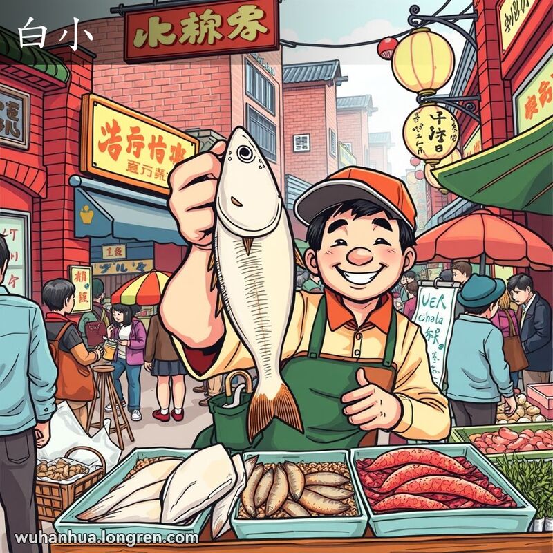 武汉市场鱼摊，摊主手持银鱼，背景是热闹的市场景象