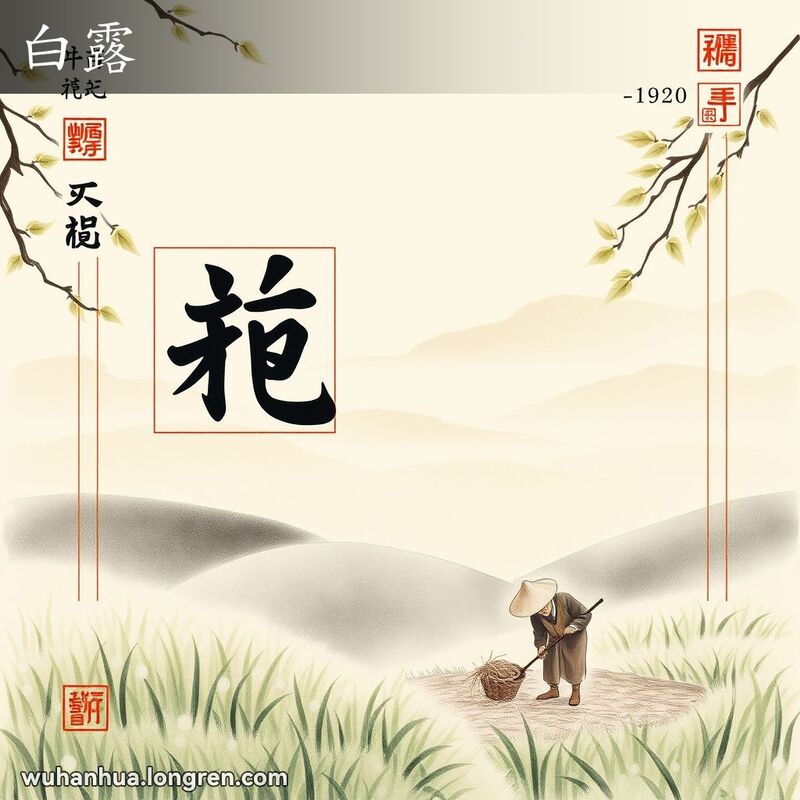 传统农历页面展示“白露”，背景是露珠覆盖的乡村风景，前景是农民收割庄稼