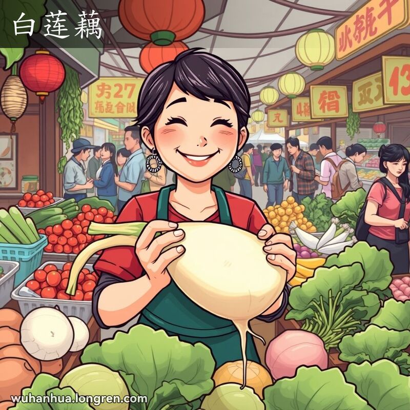 武汉市场摊位上，摊主展示一段极其嫩白的藕，背景是繁忙的市场景象