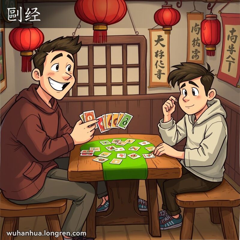 三位玩家在武汉茶馆内围坐玩纸牌，庄家打出一张牌，其他玩家思考是否要“吃”或“碰”。