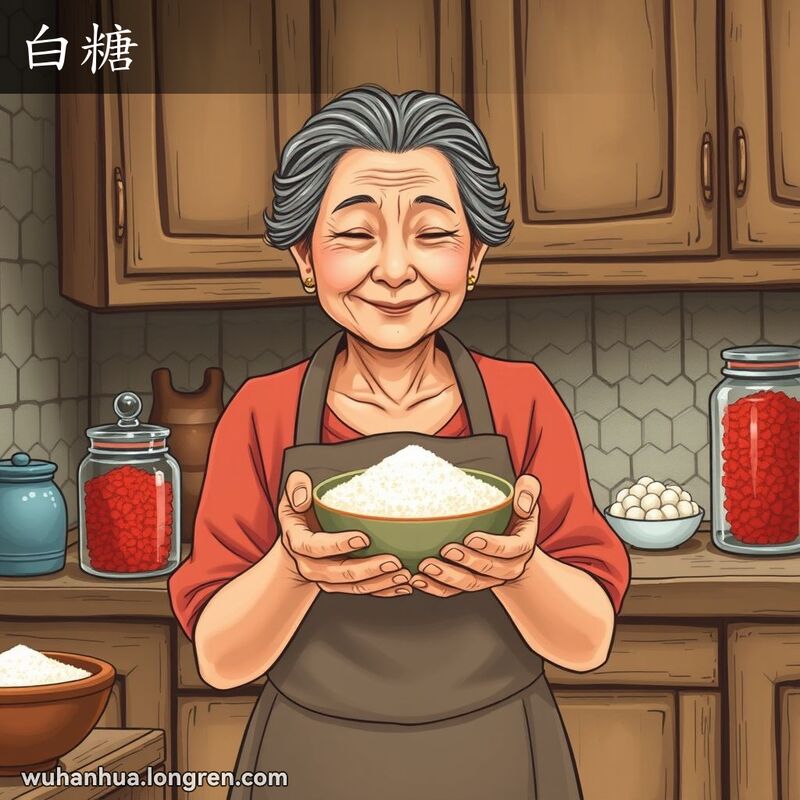 武汉奶奶在厨房手捧白糖，背景有红糖对比，画面温馨。