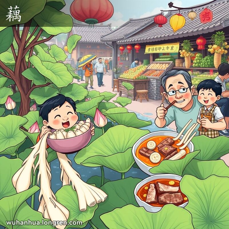 荷塘中生长着各种藕，前景中有市民享用白莲藕和野藕煨猪肉汤，背景是武汉街头市场