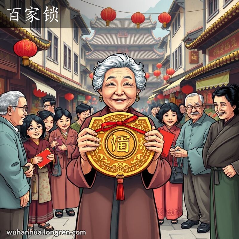一位老妇人在武汉街头手持‘百家锁’，周围亲友正在往红包里放钱，背景是热闹的市场场景。