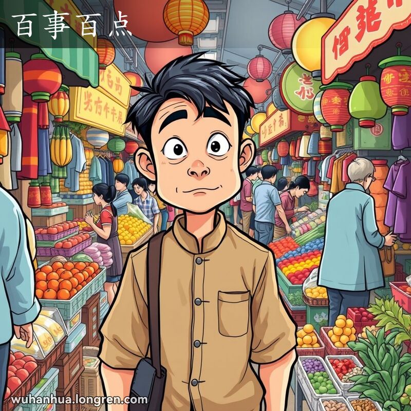 一个男子在武汉市场仔细检查每一个摊位上的每一样商品，背景是繁忙的市场场景。