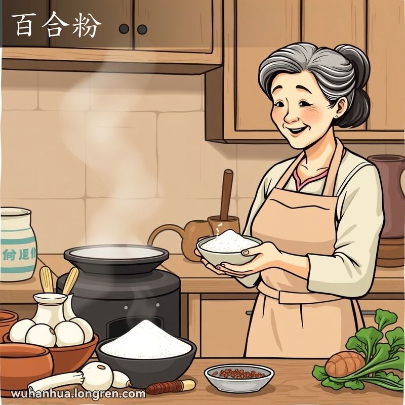一位中年妇女在厨房中手持百合粉，背景是温馨的厨房场景