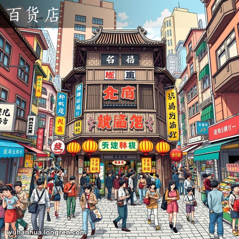 武汉老街上的百货店，店招复古，人们进出购物，背景有小店铺和行人