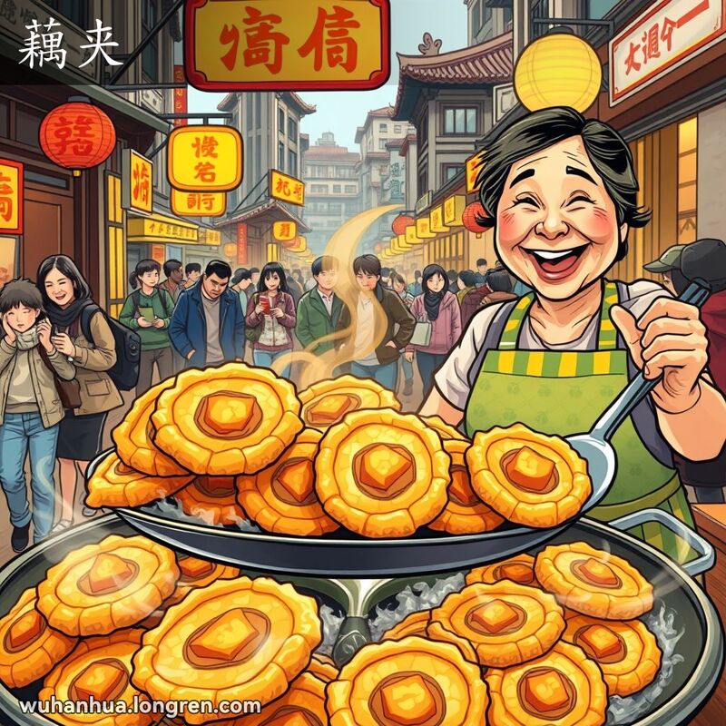 武汉街头小吃摊，煎锅中金黄色的藕夹，摊主翻动藕夹，背景是繁忙的街景和行人