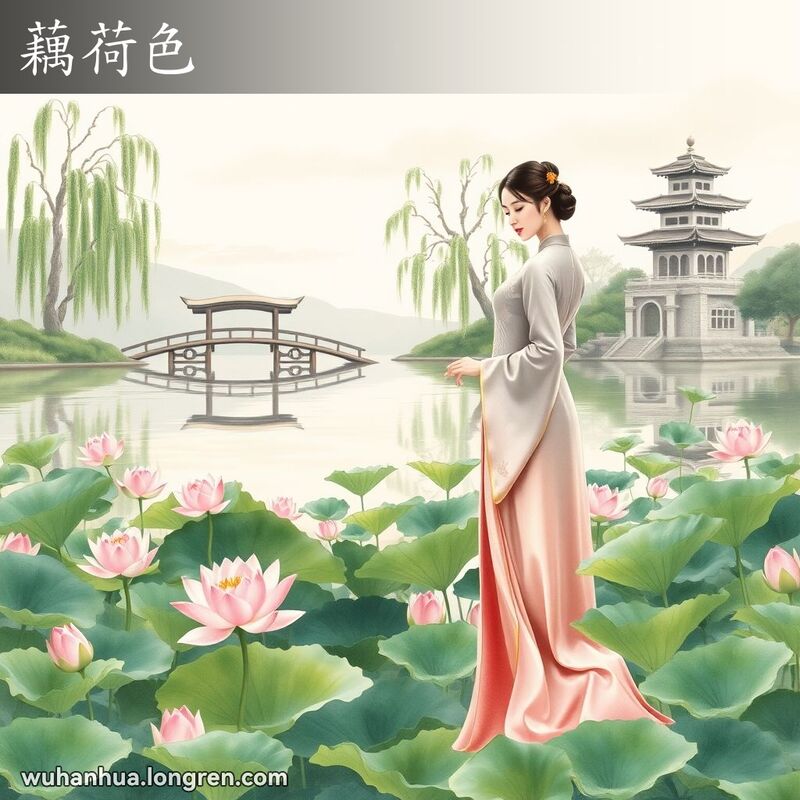 一位中国女子站在荷花盛开的湖边，手持荷花，穿着淡灰微红的长袍，背景是中国园林景观