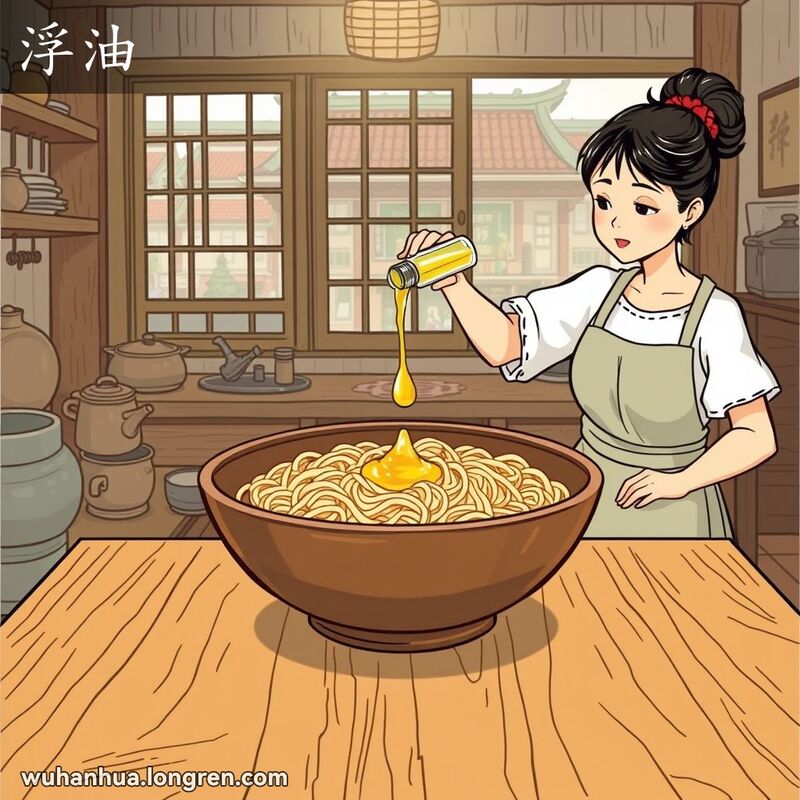 一位武汉妇女在厨房中往面条上倒油，油在表面形成一层光亮的油层，背景是老式厨房和窗外的武汉街景