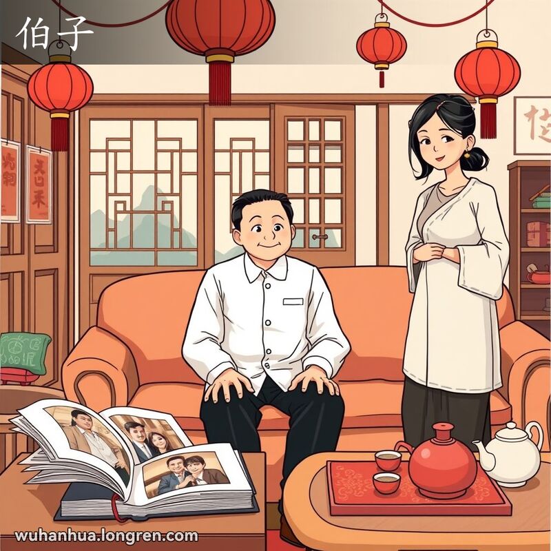 一个中国家庭聚会场景，主角是一位中年男子，旁边是他的弟弟和妻子，背景有家庭相册和茶具