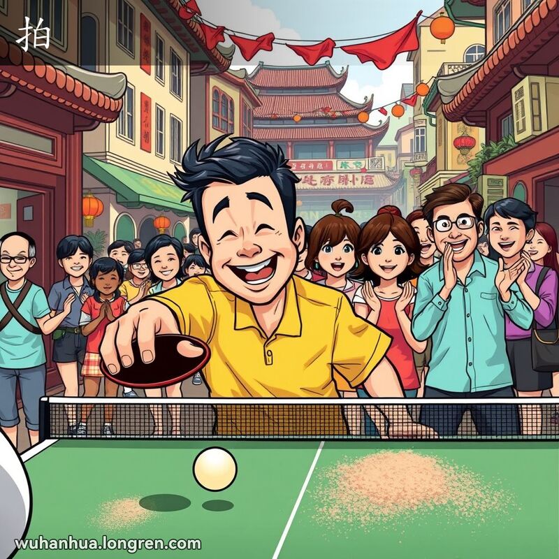 武汉街头，一人打乒乓球，一人拍灰尘，背景有人鼓掌，场景热闹。