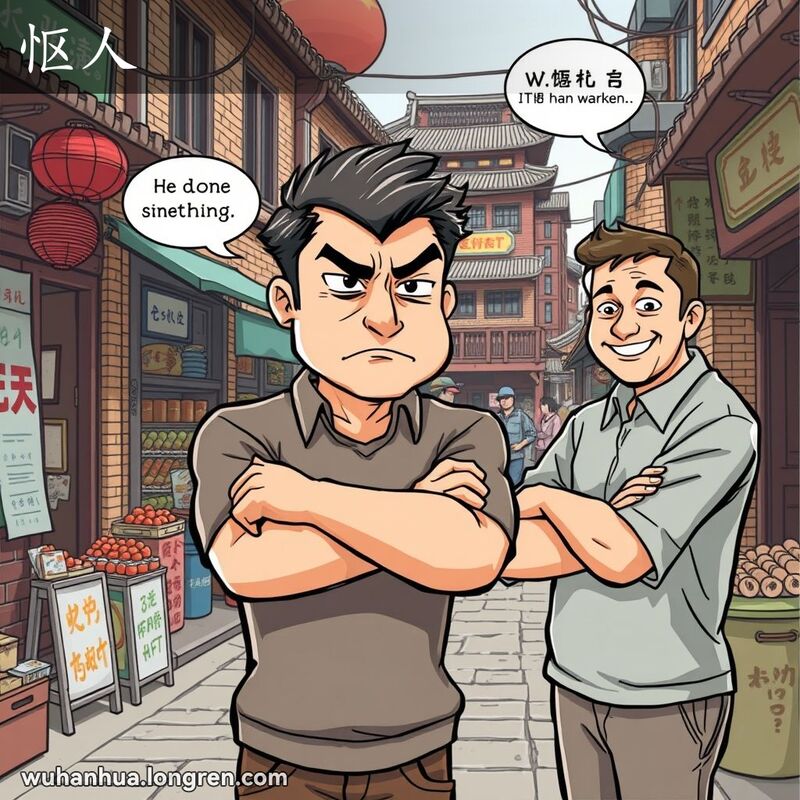 一位武汉男子站在街边，双臂交叉，脸上露出“怄人”的表情，背景是武汉老街景