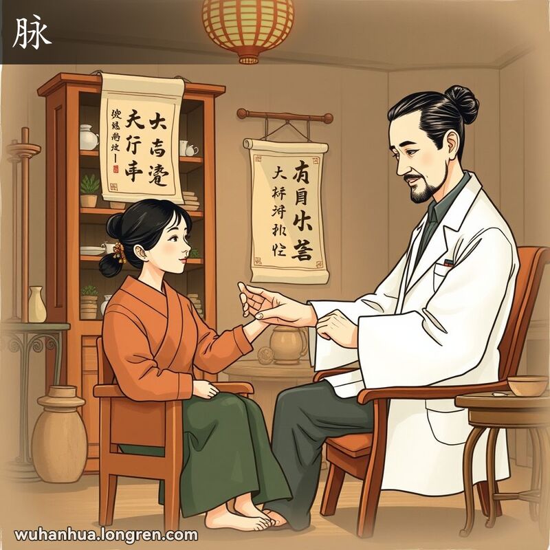 中医师在诊所内为病人把脉，背景有中药柜、书法挂轴和茶具