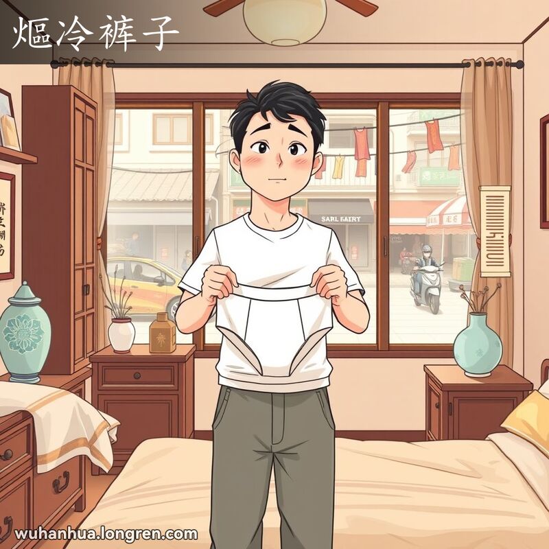 一位武汉男子站在卧室中，手持白色内裤，脸上带着尴尬的表情，背景是传统中式家具和武汉街景