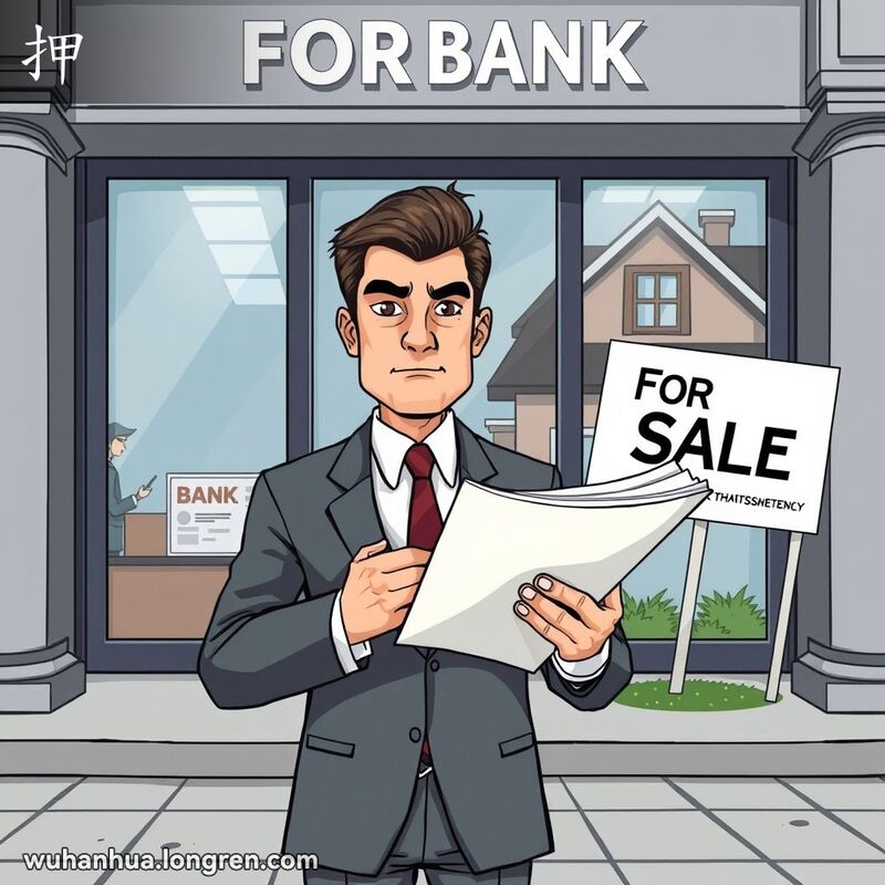 一位西装男子站在银行前，手持文件，背景是一栋挂着“出售”标牌的房子，神情严肃，仿佛即将做出重大决定。