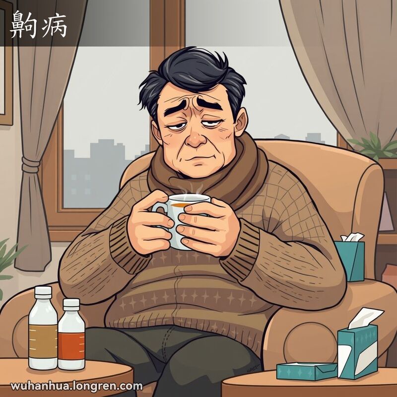一位中年武汉男子坐在客厅椅子上，手捧热茶，表情疲惫，背景是阴雨天气和药瓶，表现“齁病”的状态。