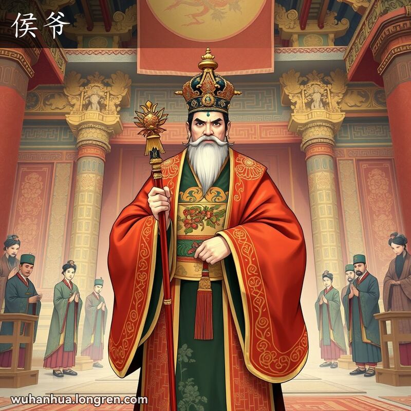 一位身穿传统中国皇家服饰的尊贵人物站在宫殿中，手持权杖，背景有精致的柱子和挂毯