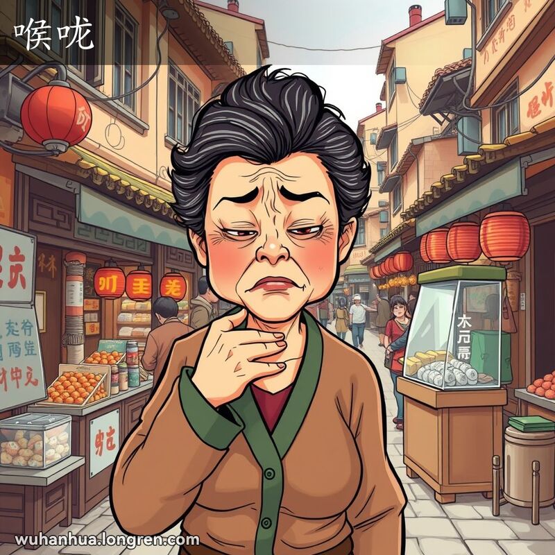 一位中年妇女站在武汉街道小摊前，手捂喉咙，表情痛苦且愤怒，背景是热闹的市场和老建筑