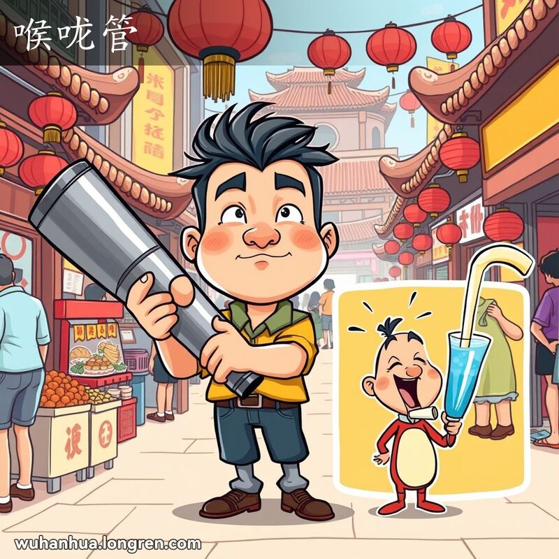 武汉市民手持巨大金属管道和吸管，背景是热闹的武汉街头市场，象征着“喉咙管”的谑语。