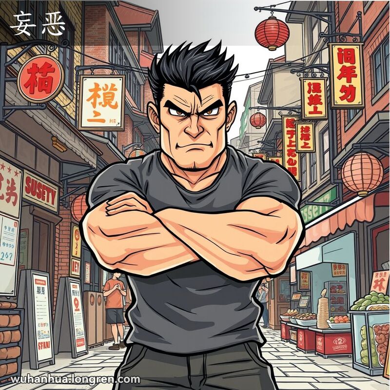 一位面色凶狠、态度蛮横的男子站在武汉街头，背景是繁忙的街道和传统建筑