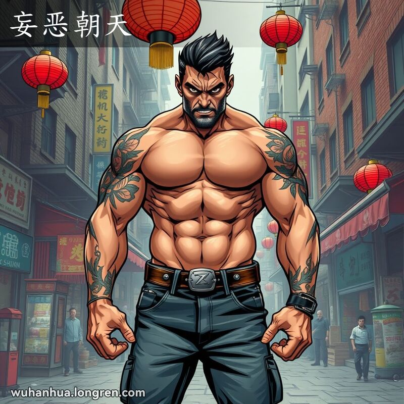 一位凶狠、蛮横的男子站在武汉街头，胸膛挺起，头高高昂起，背景是武汉的传统街景。