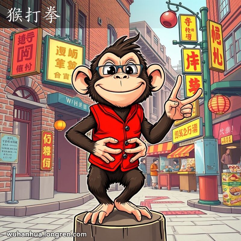 一只穿着过小红背心的猴子在武汉街头表演，模仿穿紧身衣服的动作，背景是武汉老街景