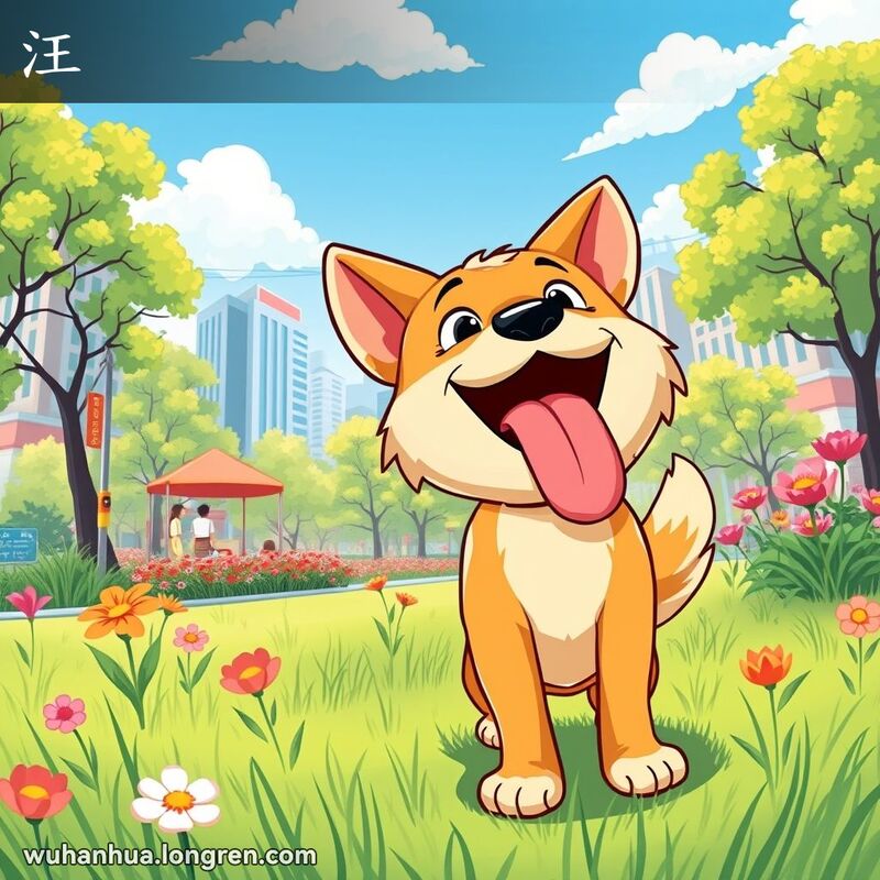 一只开心的狗狗在公园里欢快地吠叫，背景是绿草和五彩缤纷的花朵
