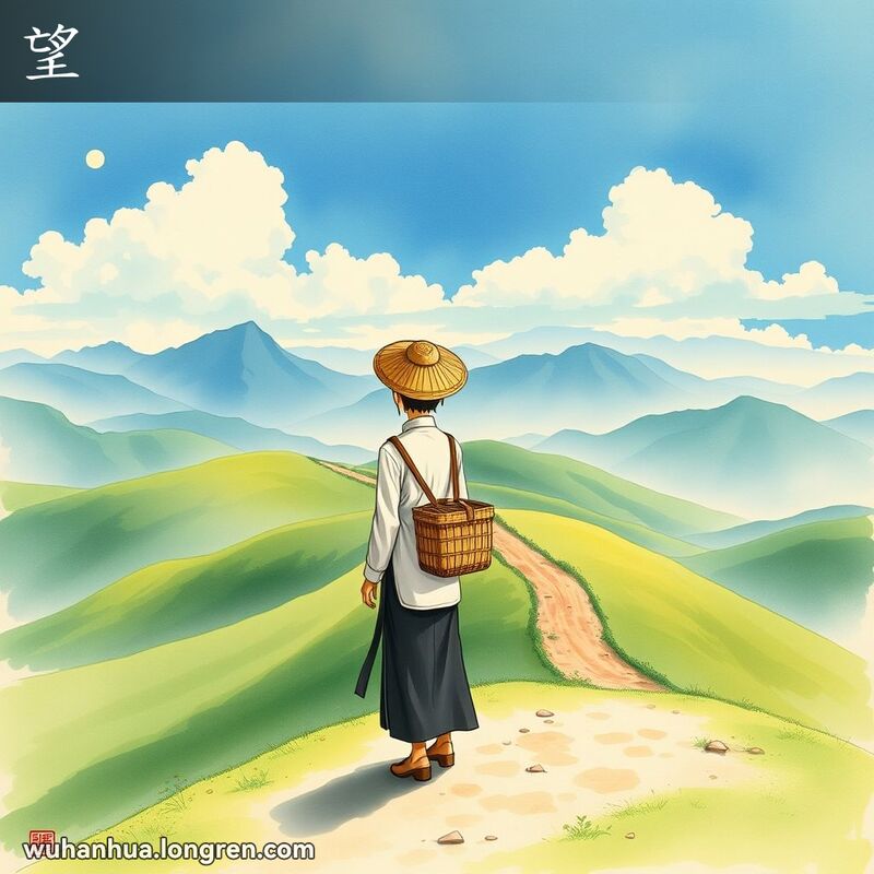 一个人站在山顶眺望远方，背景是连绵的山丘和蜿蜒的小路，天空湛蓝，点缀着几朵白云。