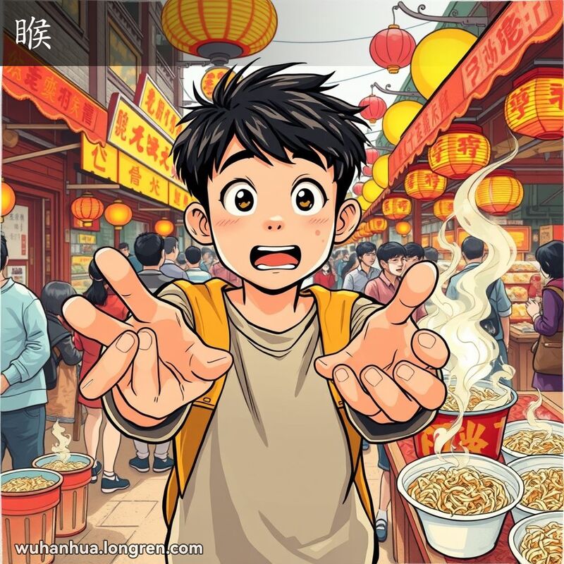 一位年轻的武汉市民在市场中迫切地伸手拿面条，脸上露出渴求的表情，背景是热闹的市场景象