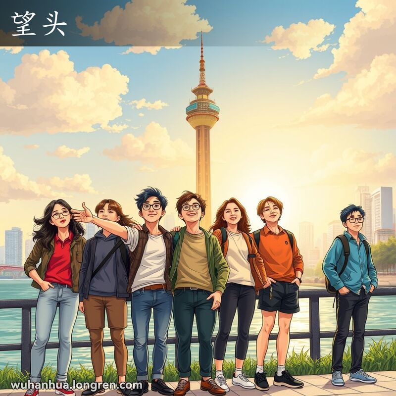 一群朋友在武汉长江边望向远方，脸上充满希望和期待，背景是黄鹤楼