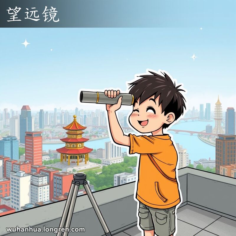 武汉小男孩在屋顶上用望远镜观察城市景观，背景是黄鹤楼和长江