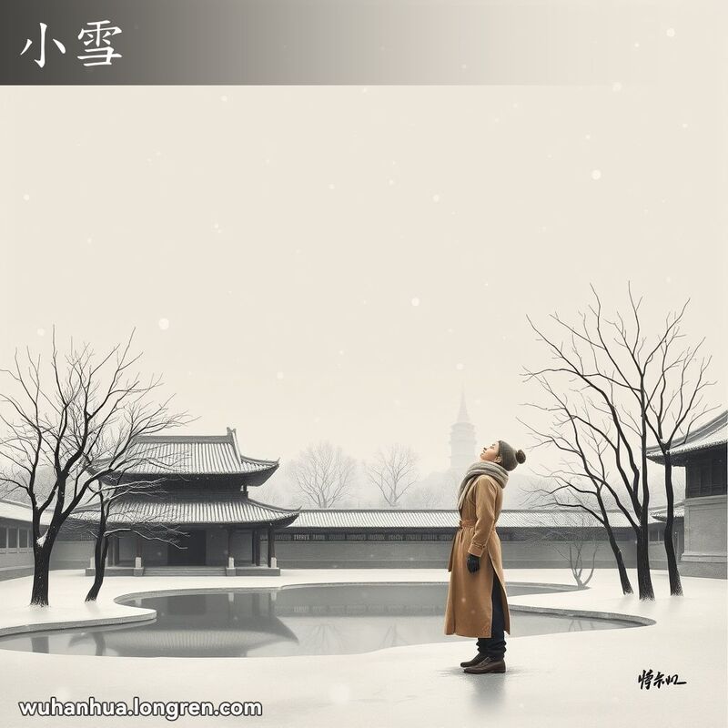 武汉冬季宁静景象，细小雪花飘落，传统庭院中有池塘和光秃树，人物仰望天空，背景有黄鹤楼