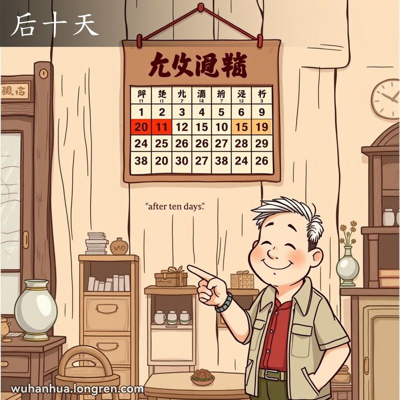一张传统武汉日历挂在旧木墙上，日历上从21日到月底的日期被红色加粗标注，一位武汉居民指着这些日期，脸上带着满意的笑容，背景是温馨的老武汉家庭。