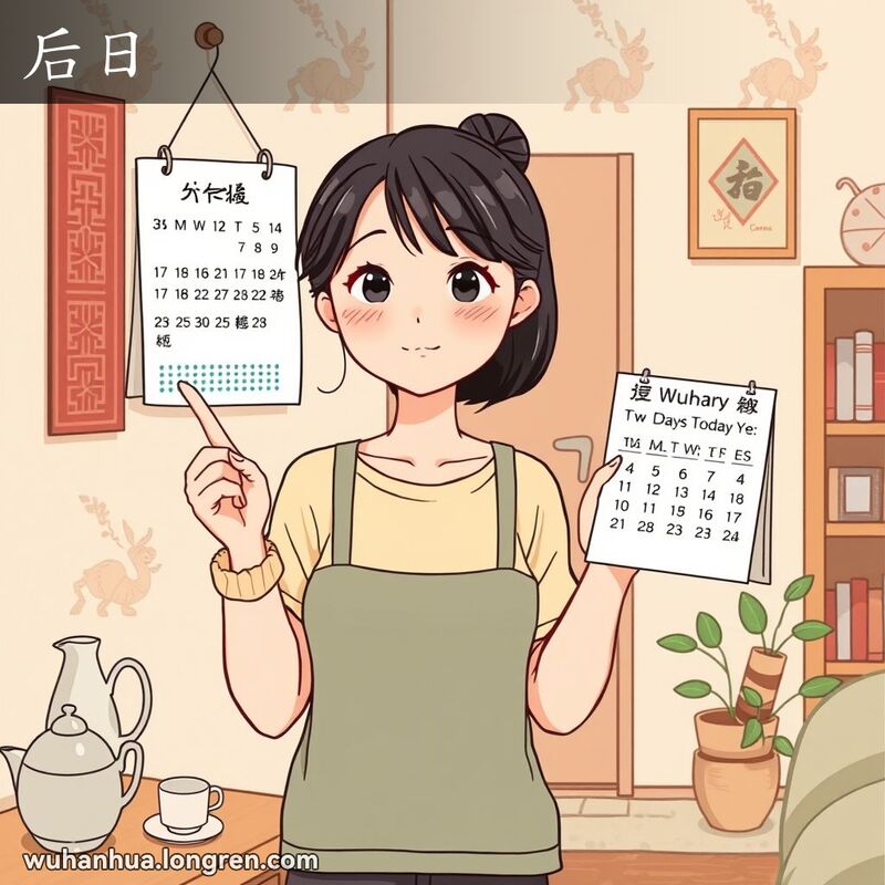一位武汉女子在公寓里手持日历，指向两天后的日期，脸上带着思考的表情，背景是温馨的房间。