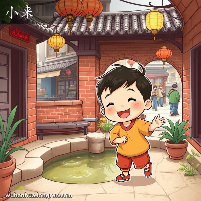 一个五岁左右的孩子在武汉传统庭院中快乐玩耍，背景是武汉老街景