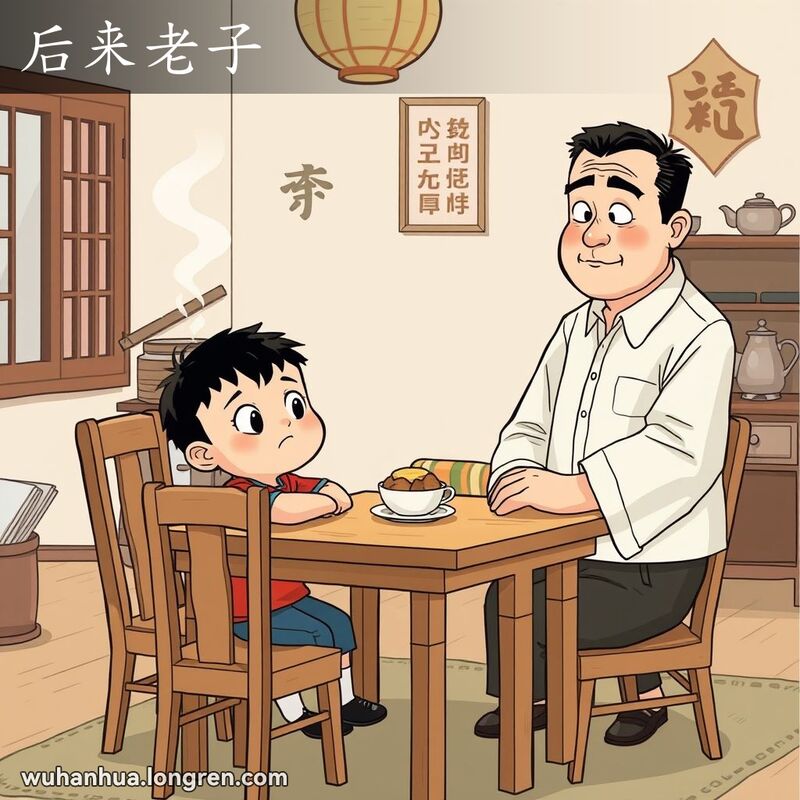 一个小男孩坐在桌旁，抬头看着继父，背景是武汉传统家庭场景
